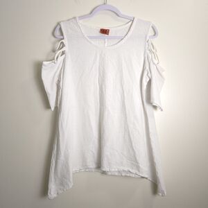 Oh My Gauze! Minimalist lagenlook Cold Shoulder Flowy White‎ Top 2 L/XL